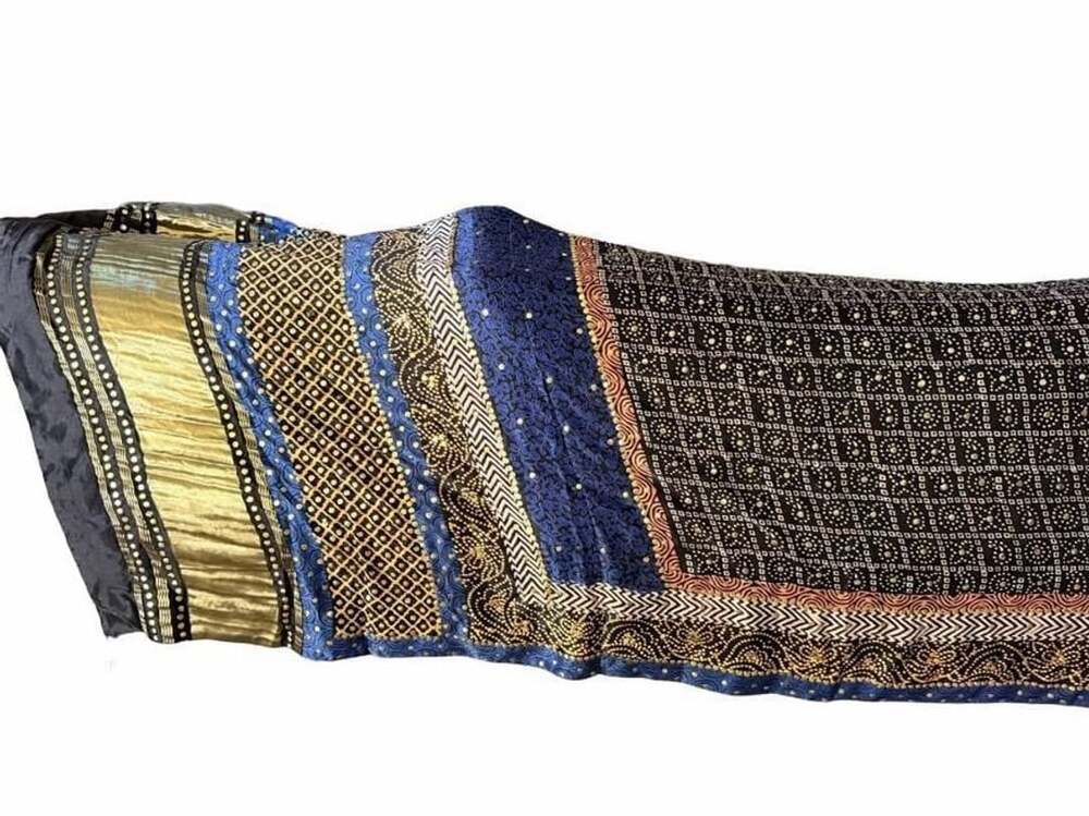Vintage Hand-Blocked Silk Ajrakh Dupatta Shawl Scarf with Metallic Applique Bord